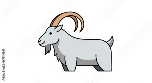 Stylized depiction of a playful cartoon goat with curved horns and a friendly expression isolated on a clean white background