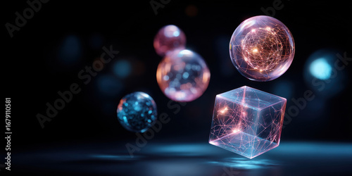 Futuristic glowing transparent sphere and cube with network connections floating in dark space, digital technology concept