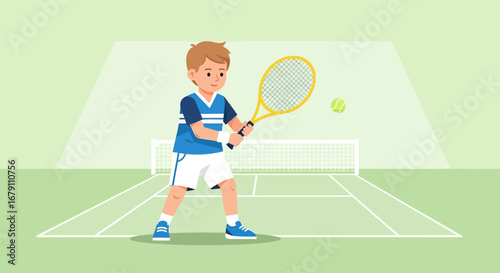 Young Athlete Showing Tennis Sport Skills On A Green Court With His Racket And Ball