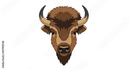 Detailed vector illustration displaying the majestic bison head on clean white background, revealing distinctive horn shapes and the unique features