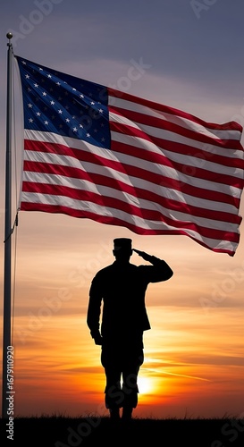 Silhouette of soldier saluting flag at sunset (1)