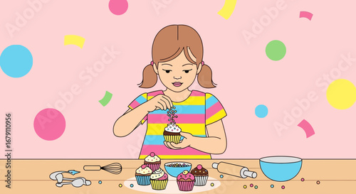 Young Baker Decorating Cupcake With Colorful Sprinkle and Having Fun in Kitchen
