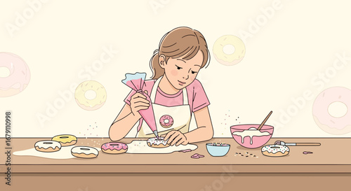 Young Baker Expertly Decorating Delicious Donuts With Frosting and Sprinkles