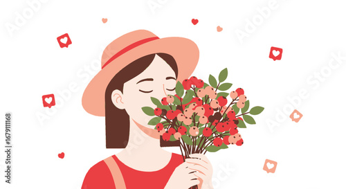 Woman Smelling a Bouquet of Fresh Flowers with Floating Likes and Hearts, Charming