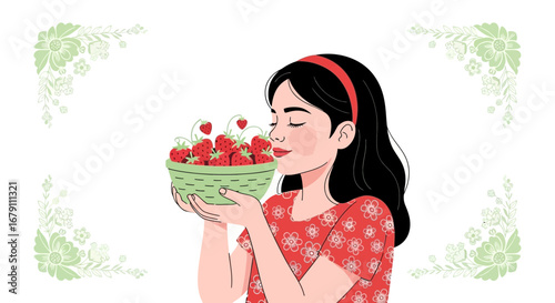 Woman Smelling Fresh Strawberries In A Green Basket, Isolated On White Background