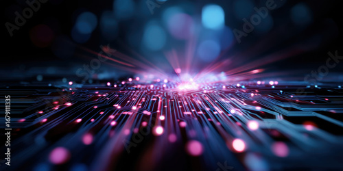 Digital microchip with glowing circuits and light rays, futuristic technology concept with vibrant blue and pink colors