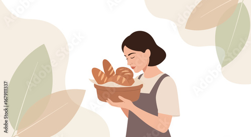 Woman Smelling Freshly Baked Bread in Basket, Illustration of Bakery, Aromatherapy