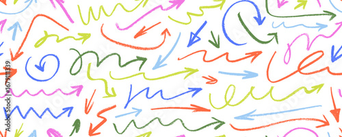 Colorful funky crayon drawn arrows seamless pattern. Childish school background with doodle squiggly arrows. Hand drawn vector doodle banner design background. Scribbles and scrawls.
