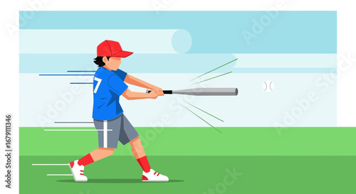 Young Baserunner Hits The Ball With A Bat During A Baseball Game In Vector Style