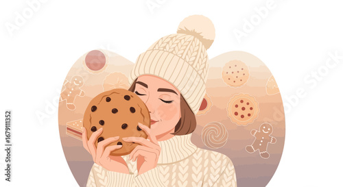 Woman Smelling Huge Cookie, Relaxed State, Seasonal Concept, and Warm Aesthetic