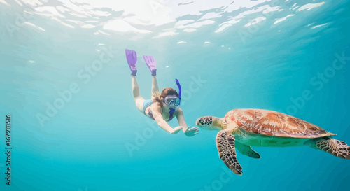 Woman Snorkeling Underwater Interacting With A Gentle Sea Turtle In The Ocean