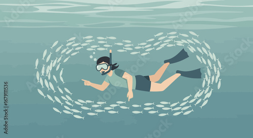 Woman Snorkeling Underwater Surrounded By School Of Fish And Ocean Activity