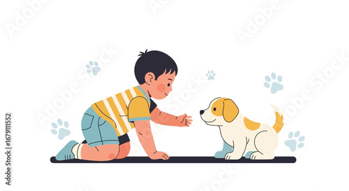 Young Boy And Adorable Puppy Interacting During Playful Interaction, Perfect Moments