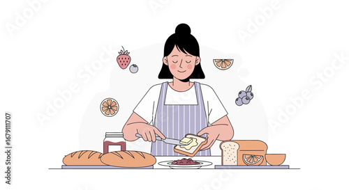 Woman Spreading Butter On Toast Creating A Simple And Fresh Breakfast Illustration