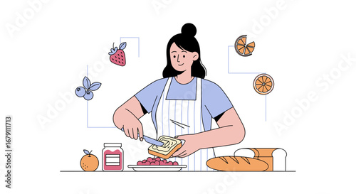 Woman Spreading Butter On Toast Preparing Breakfast Smiling And Enjoying The Process