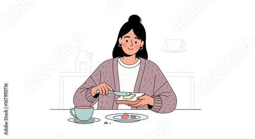 Woman Spreading Butter On Toast Enjoying Breakfast In Minimalist Illustrated Style Too