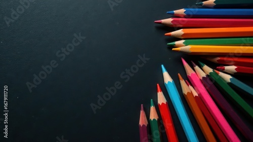 Vibrant Colored Pencils Arranged on Dark Surface Creating a Striking Visual Composition for Creative Projects