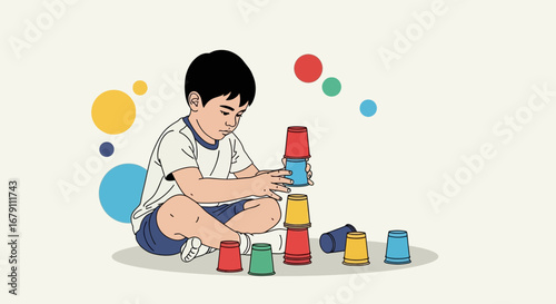 Young Boy Building a Tower With Colorful Cups, Concept of Education and Leisure