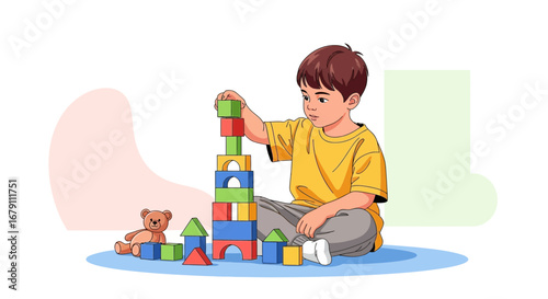 Young Boy Building A Tower With Colorful Wooden Blocks In A Playful Moment