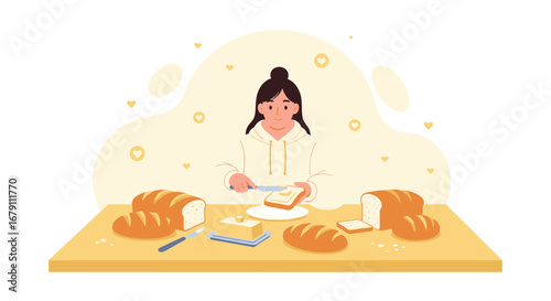 Woman Spreading Butter on Toast With Bread and Butter Around Her