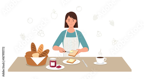 Woman Spreading Butter On Toast Preparing Breakfast With Coffee And Fresh Bread On The Table