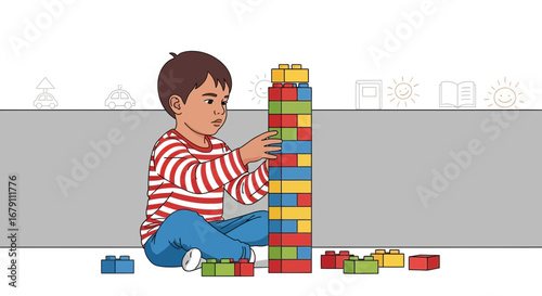 Young Boy Building Tower From Colorful Blocks: Creative Playtime And Early Childhood Development