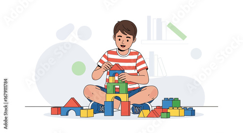 Young Boy Building Tower From Colorful Blocks While Playing With Educational Toys