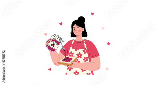 Woman Spreading Delicious Berry Jam on Toast with Cute Heart Decorations