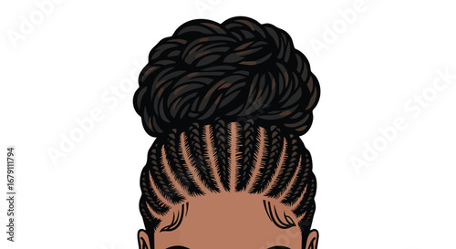 Elegant braided updo hairstyle graphic representation showcasing beauty and style with intricate cornrows and sophisticated bun forming a