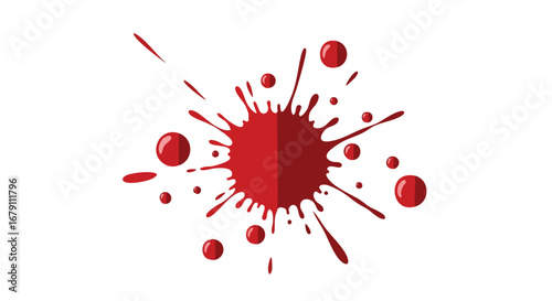 Stylized crimson splatters and droplets creating a dynamic design element on a stark white backdrop creating vibrant visuals