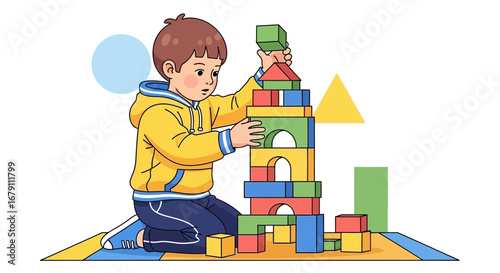 Young Boy Building Tower With Colorful Blocks Capturing Early Childhood Development