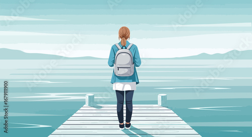 Woman Standing At The End of The Pier, Contemplating The Sea, Artistic View Of Nature