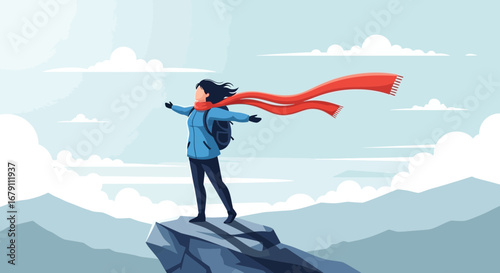 Woman Stands Atop Mountain Peak Embracing Nature In A Moment Of Serenity And Freedom