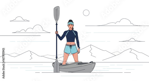 Woman Standing Confidently With Paddle In Kayak On A Serene Lake Adventure