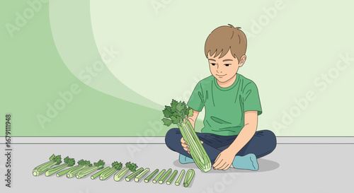 Young Boy Carefully Examining Fresh Celery Stalks Arranged For Preparation Of Nutritious Meal