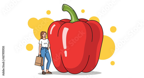 Woman Stands Beside Huge Red Pepper, Ready To Bring Fresh Ingredients Home