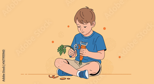 Young Boy Carefully Peeling Carrot Aboard While Sitting On Floor Orange Background