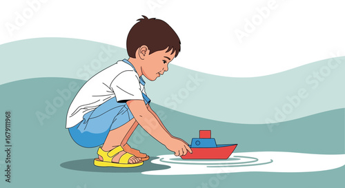 Young Boy Carefully Plays With Toy Boat On Water, Child Focuses On The Play