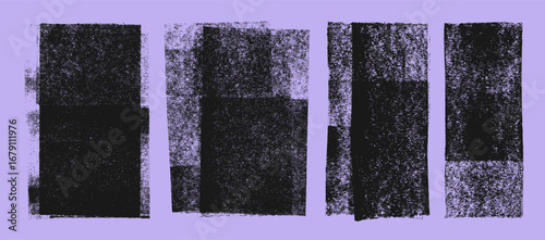 Linocut grunge stamp textures on purple background. Dust overlay distress grain textures. Ink roller vintage letterpress textures with rough edges. Eroded dirty backgrounds for design.