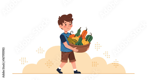 Young Boy Carries Basket Overflowing With Variety Of Pumpkins Against Neutral Background