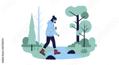 Woman Strolling In Park With Coffee, Enjoying Forest Scenery And Fresh Air