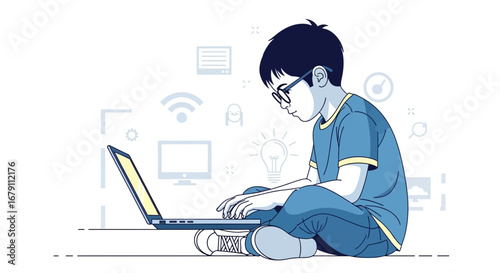 Young Boy Coding On A Laptop, Illustrating Internet, Technology, And Future Aspects