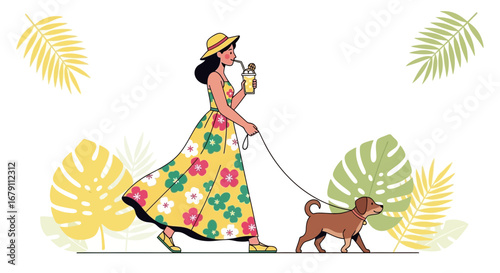 Woman Strolling With Dog, Enjoying Beverage And Summer Vibes In Natural Surroundings