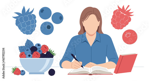 Woman Studying Nutrition Notes Surrounded By Fresh Berries And A Red-Covered Book
