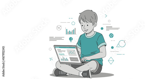 Young Boy Concentrating on Laptop Displaying Graphs and Analyzing Data Effectively