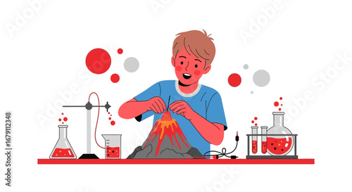 Young boy conducting a science experiment with a volcano model in a laboratory environment