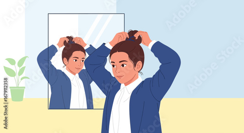 Woman Styling Hair in Front of Mirror Getting Ready to Work or Business Meeting