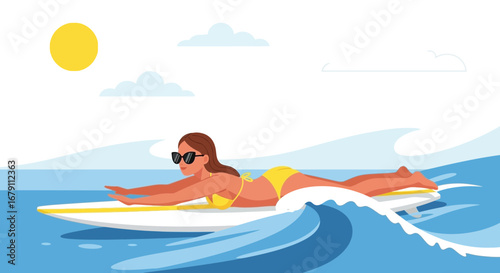 Woman Sunbathing On a Surfboard While Riding a Beautiful Wave in the Ocean