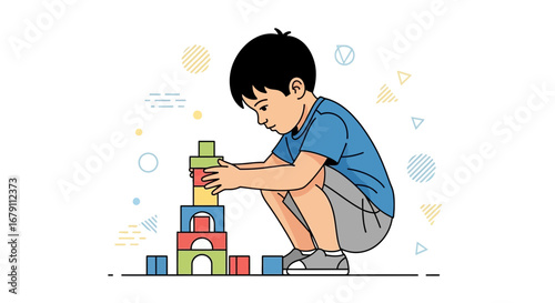 Young Boy Constructing Tower Using Colorful Wooden Blocks During Playtime