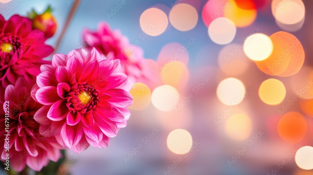 Fototapeta premium Colorful pink flowers with blurred lights create a vibrant atmosphere in spring